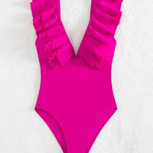 Hot Pink Preppy Womens Ruffle Trim One Piece Swimsuit